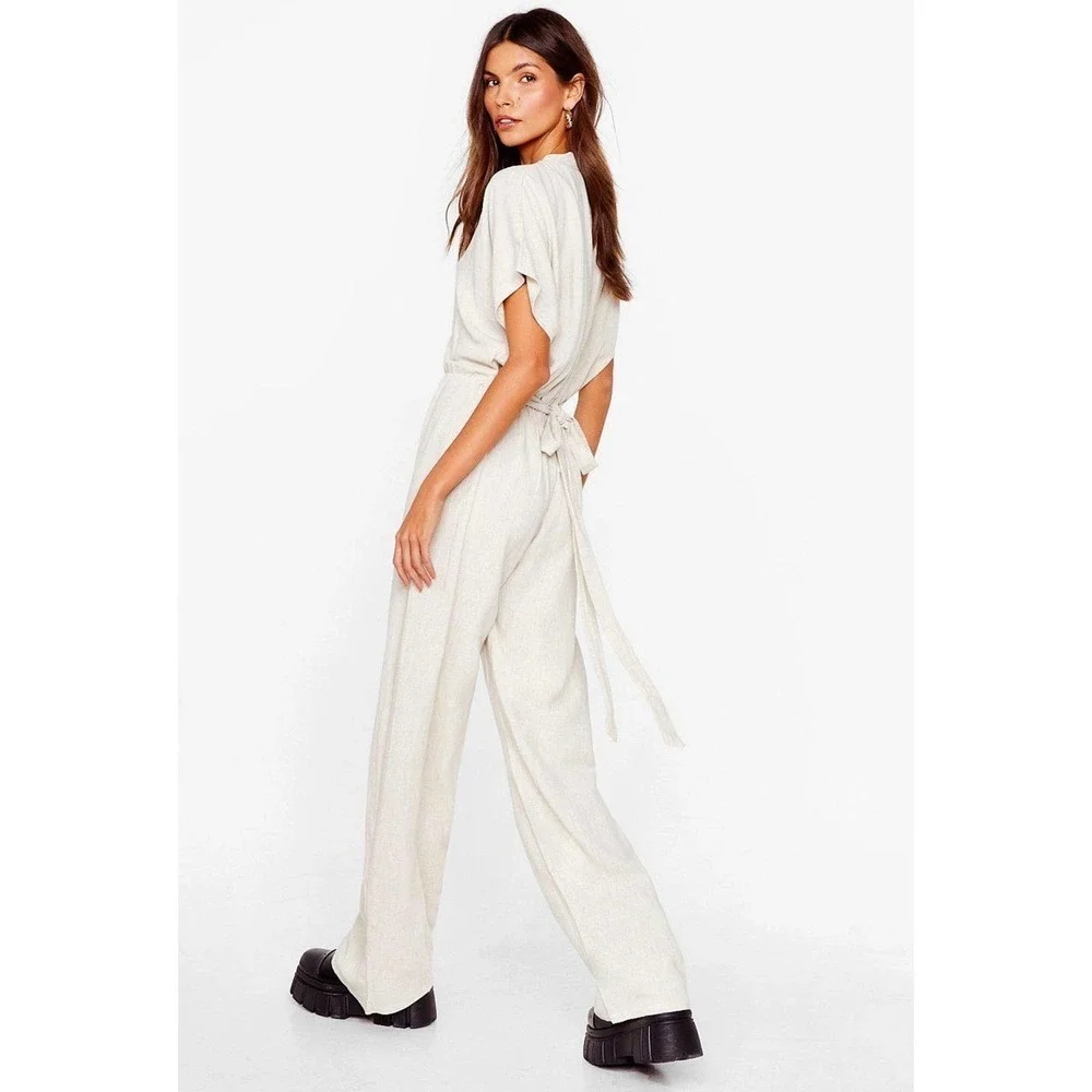 NASTY GAL Clean Girl Quiet Luxury Linen Button Up Wide Leg Jumpsuit Cream 4 - Picture 3 of 8